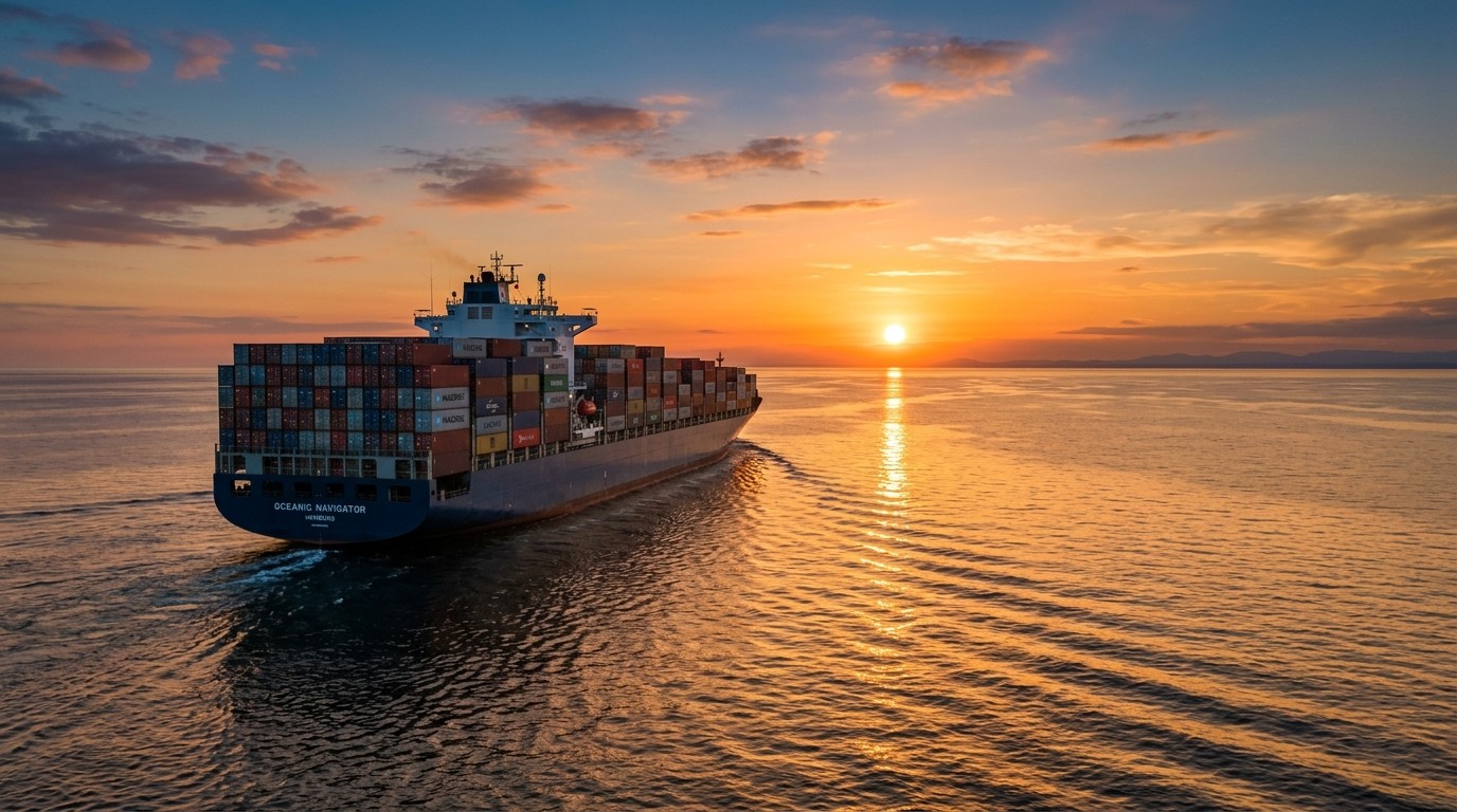 Ocean Vessel Sailing at Sunset